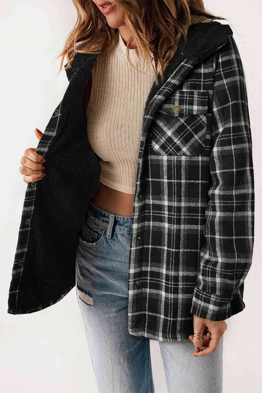 Plaid Snap Down Hooded Jacket | Casual Pocketed Jacket With Long Sleeves