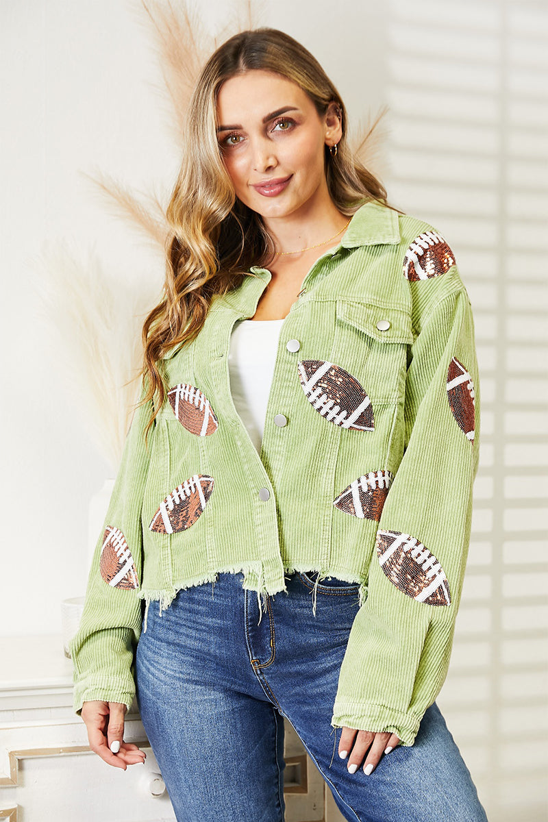 Football Patch Raw Hem Shacket | Cotton Pocketed Shacket With Button Closure