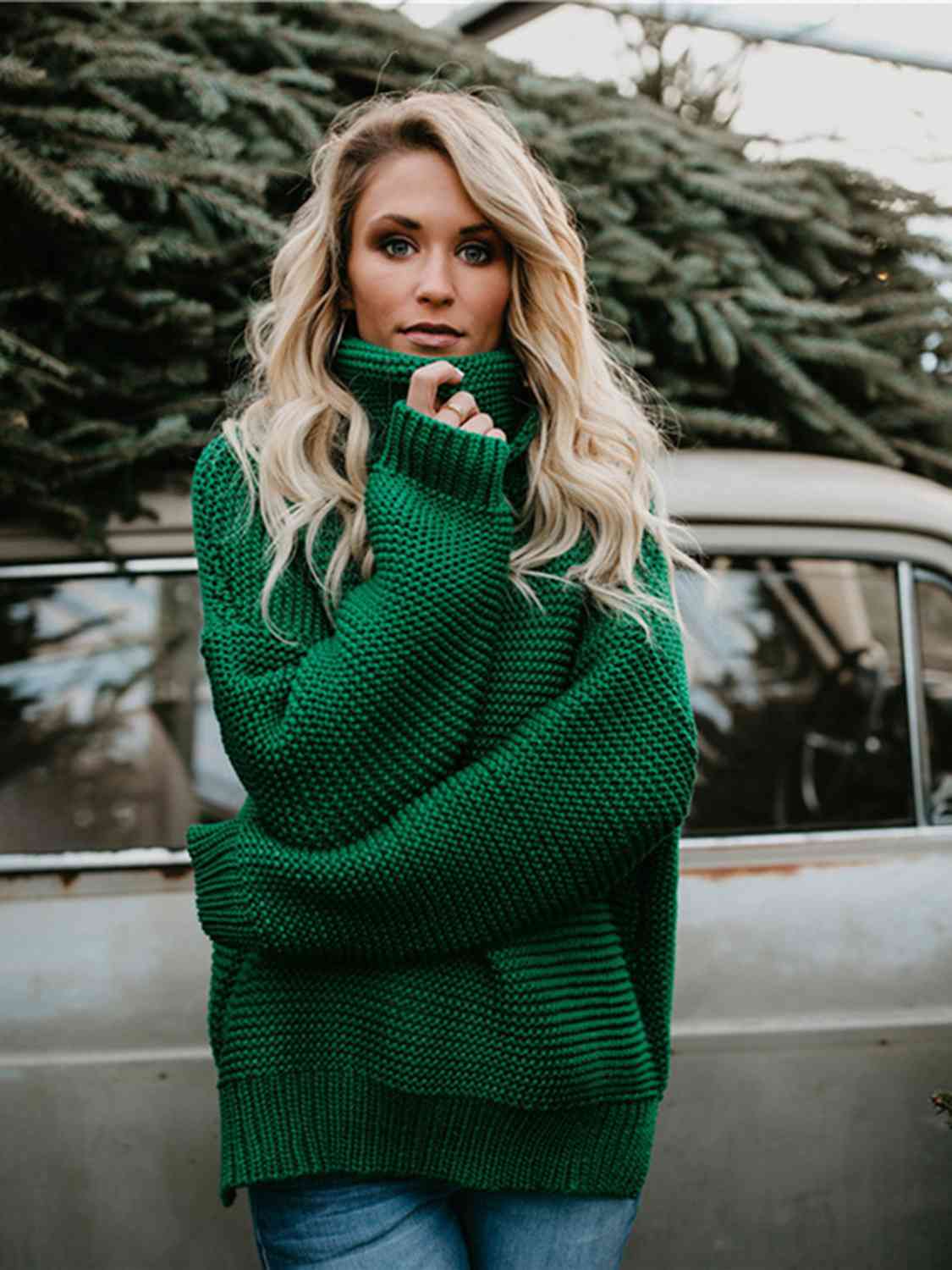 Turtleneck Dropped Shoulder Slit Sweater | Fashionable Knitted Acrylic Sweater