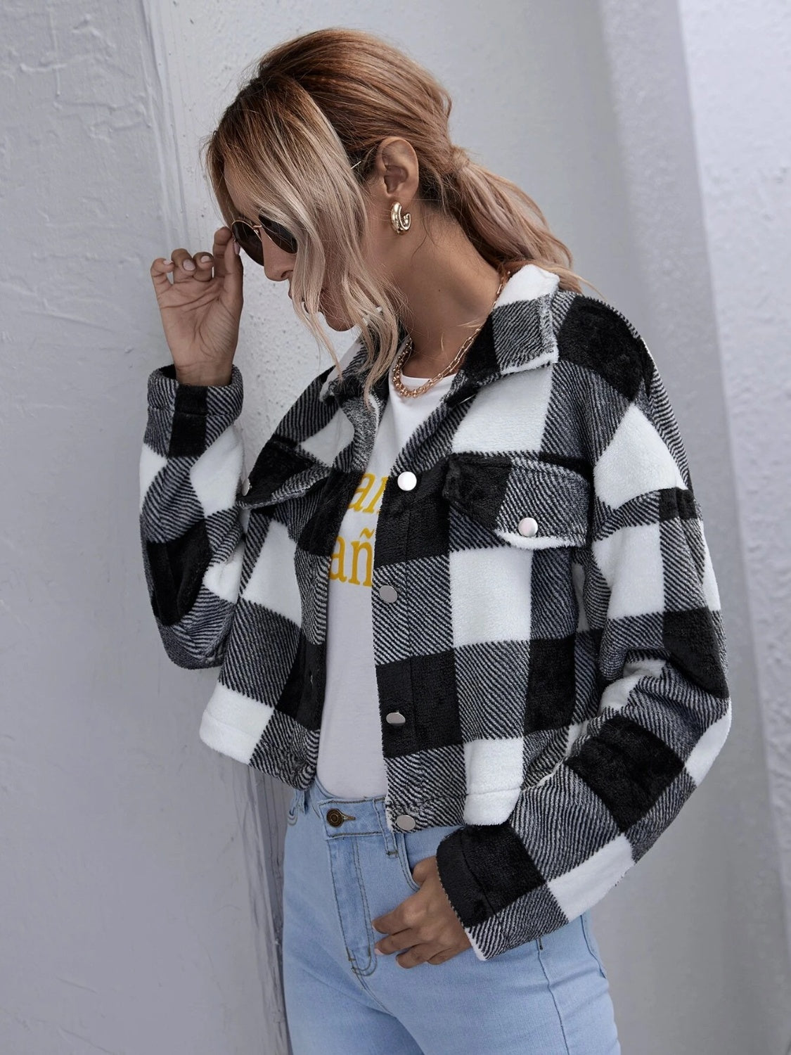 Plaid Button Down Collared Jacket | Casual Cropped Polyester Jacket With Pockets