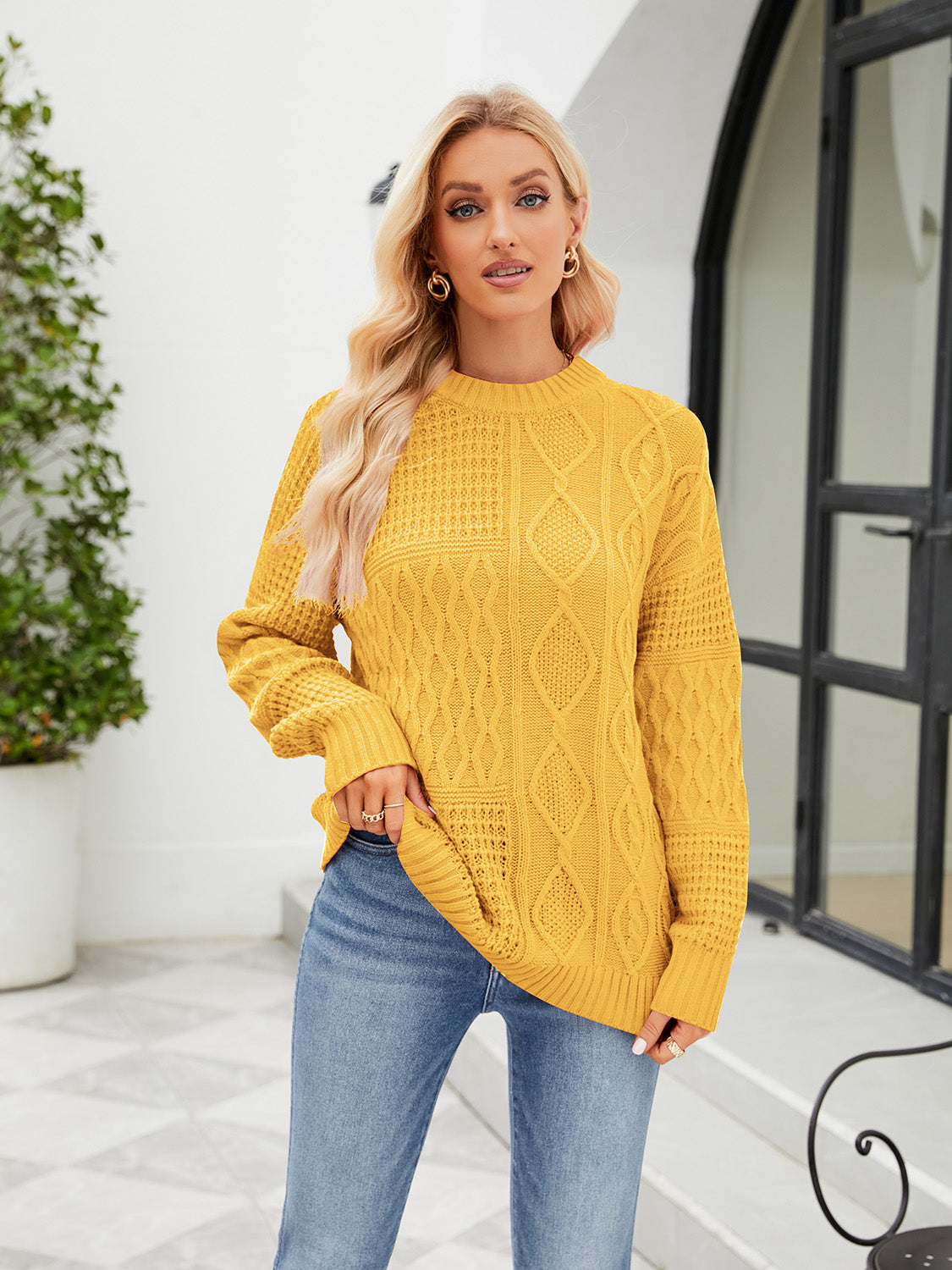 Round Neck Dropped Shoulder Sweater | Solid Acrylic Sweater With Long Sleeves