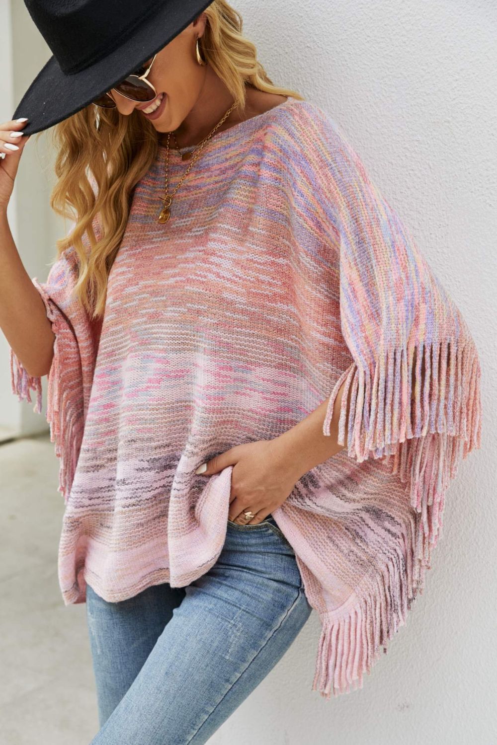 Round Neck Fringe Detail Poncho | Casual Woman's Knitted Stretch Acrylic Poncho