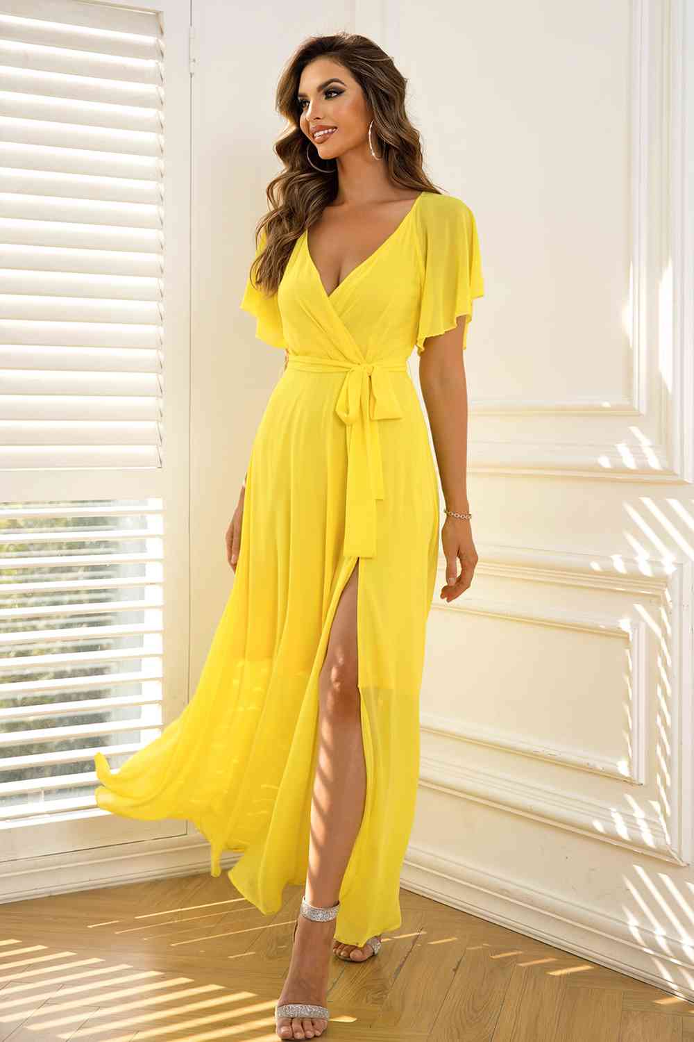 Tie Waist Flutter Sleeve Maxi Dress | Solid Semi-Formal Polyester Dress