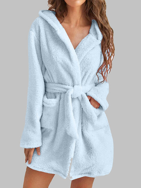 Tie Waist Hooded Robe | Soft Solid Stretched Polyester Robe With Pockets