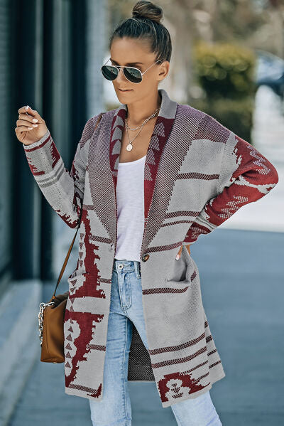 Geometric Open Front Pocketed Cardigan | Acrylic Cardigan With Single Button