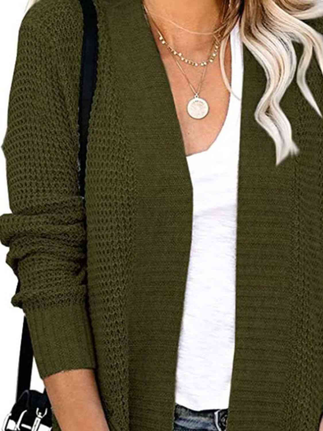 Open Front Long Sleeve Cardigan | Casual Polyester Cardigan With Side Pockets