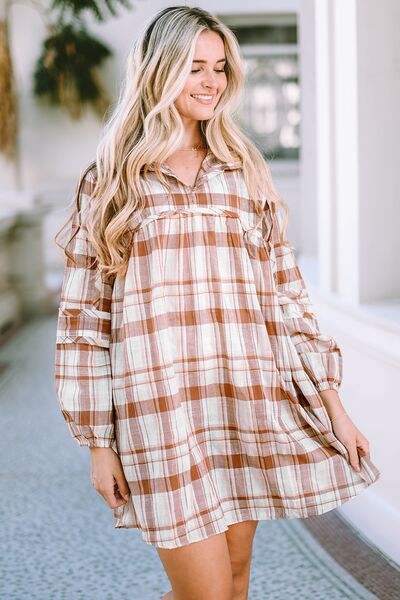 Plaid Long Sleeve Babydoll Mini Dress | Casual Collared Neck Polyester Dress