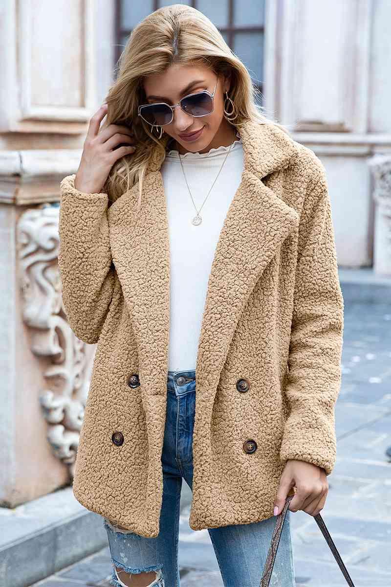 Full Size Lapel Collar Sherpa Coat | Solid  Double-breasted Pocketed Coat