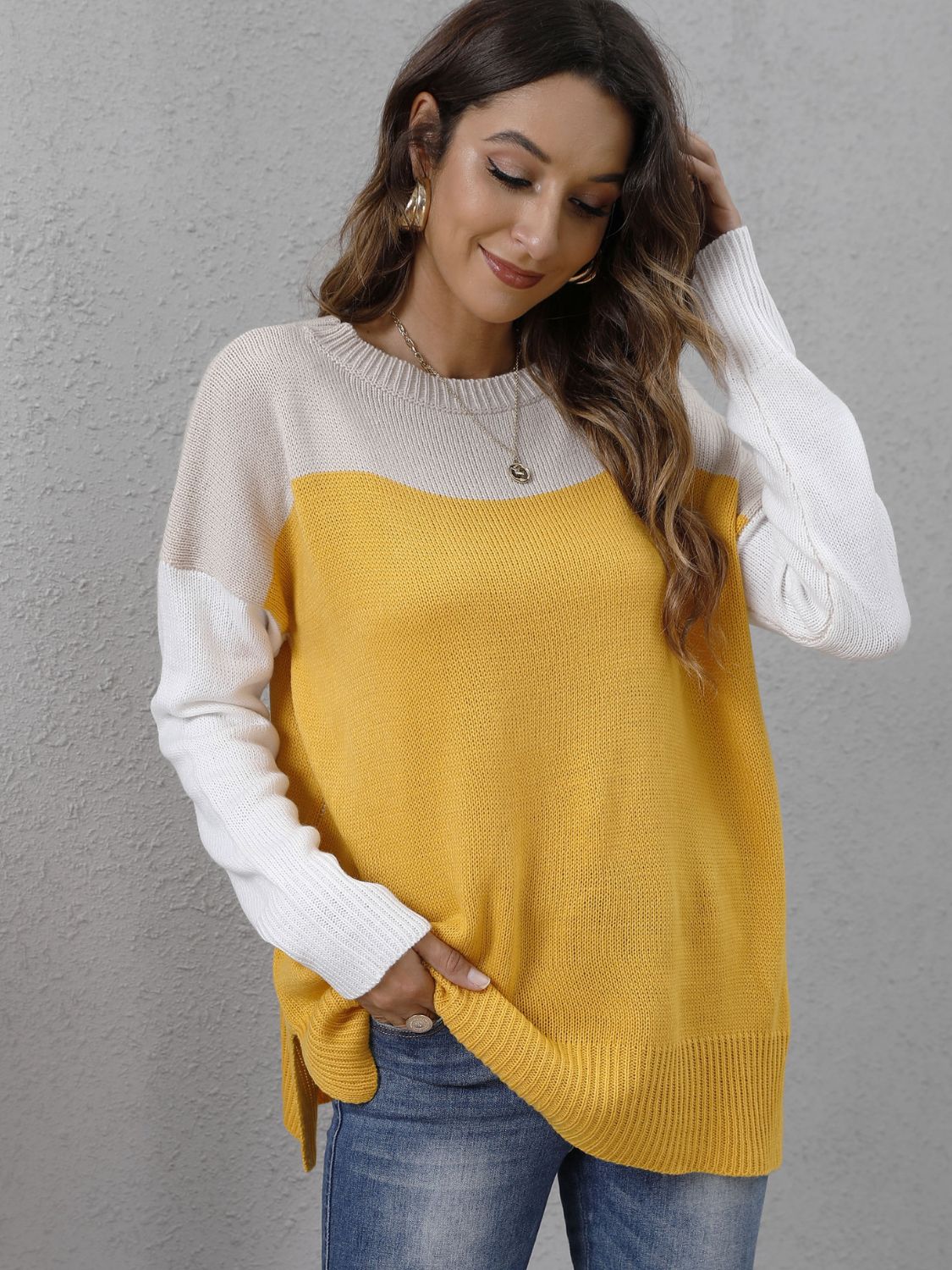 Color Block Round Neck Dropped Shoulder Sweater