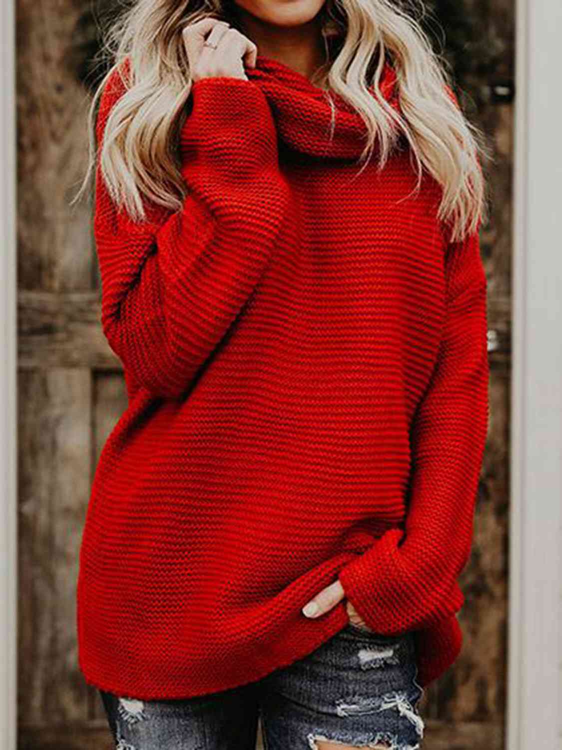 Turtleneck Dropped Shoulder Slit Sweater | Fashionable Knitted Acrylic Sweater