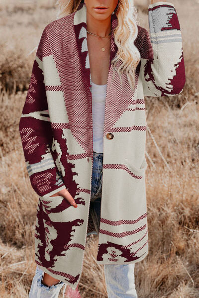 Geometric Open Front Pocketed Cardigan | Acrylic Cardigan With Single Button