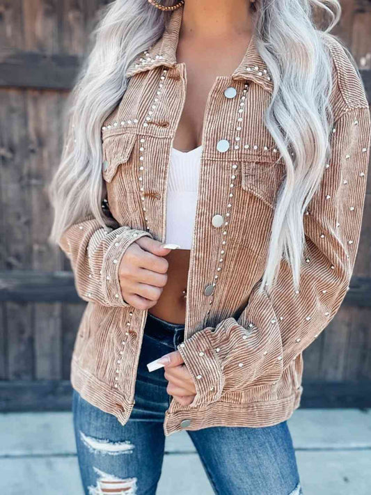 Studded Collared Neck Button Down Jacket | Casual Jacket With Chest Pockets