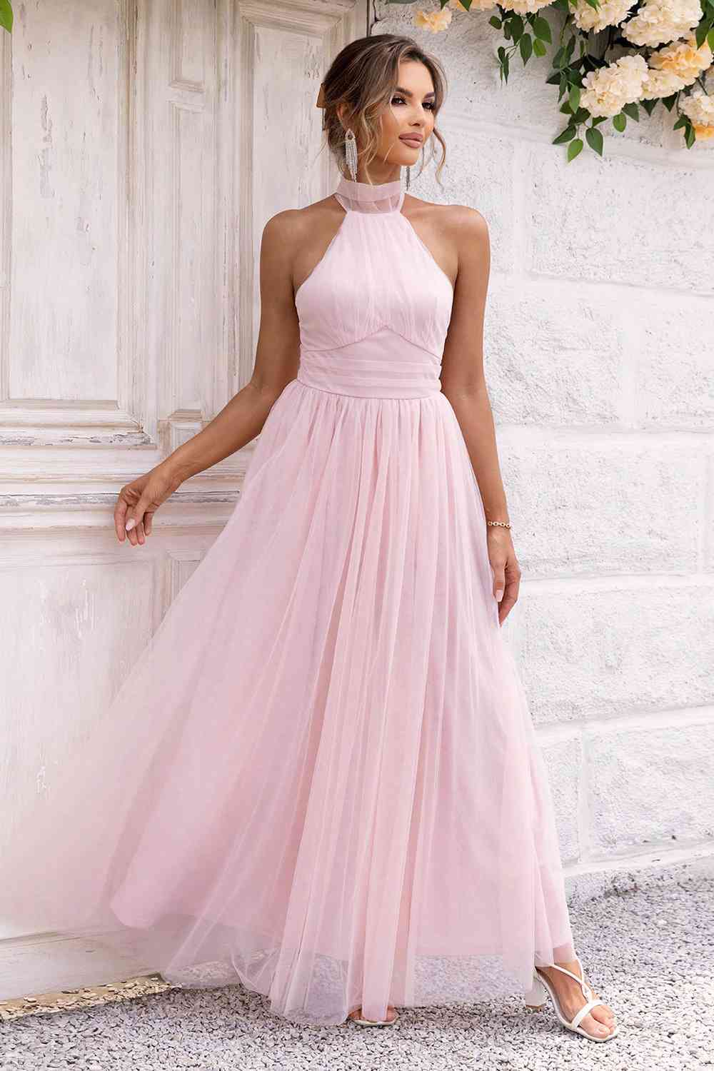 Halter Neck Backless Mesh Dress | Formal Maxi Sleeveless Prom A-Line Gown