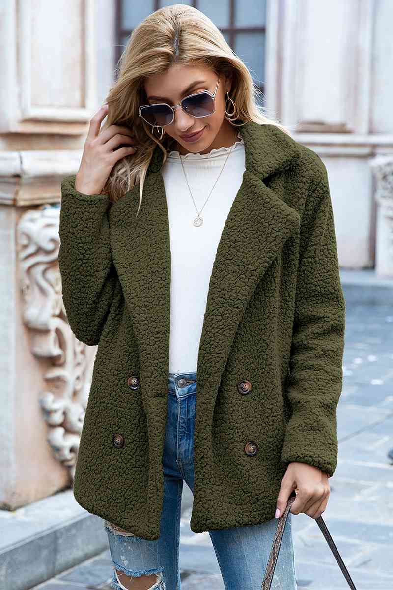 Full Size Lapel Collar Sherpa Coat | Solid  Double-breasted Pocketed Coat