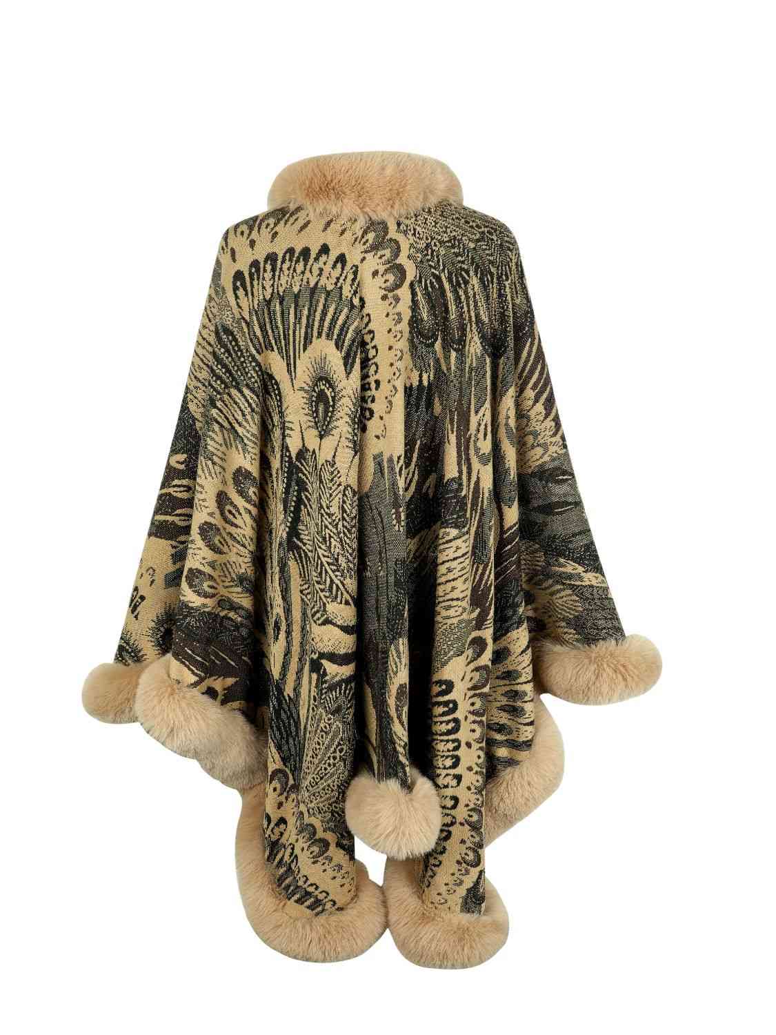 Printed Open Front Poncho | Casual Woman's Acrylic Poncho With Fur Detail