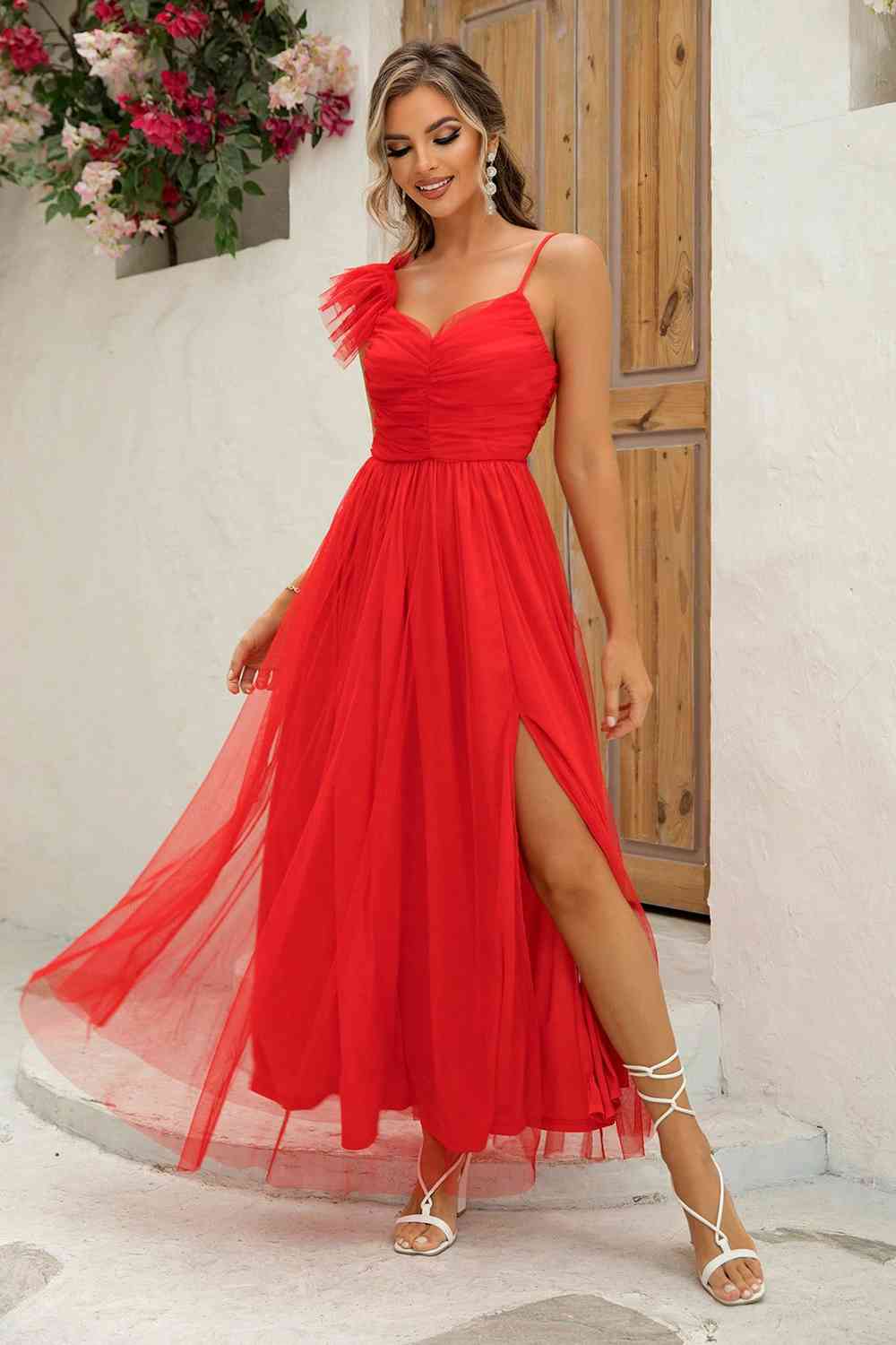 Asymmetrical Ruched Slit Dress | Formal Long A-line Sleeveless Polyester Gown