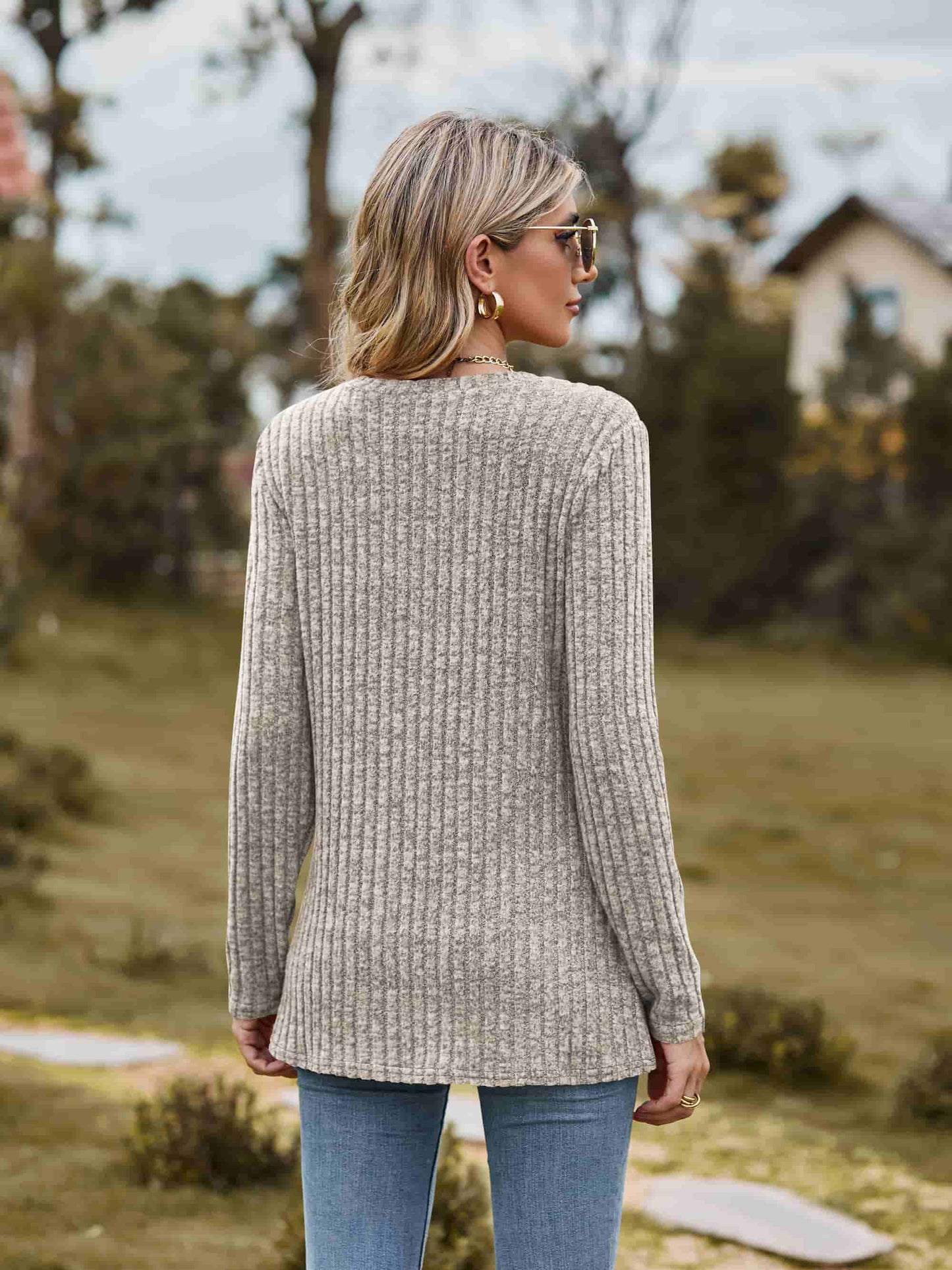 Ribbed Round Neck Long Sleeve Tee | Casual Heathered Solid Polyester Top