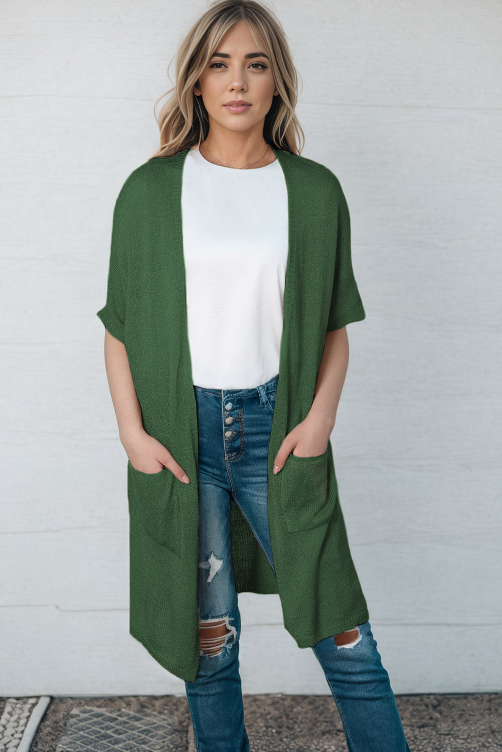 Open Front Sweater Cardigan with Pockets | Casual Solid Acrylic Cardigan