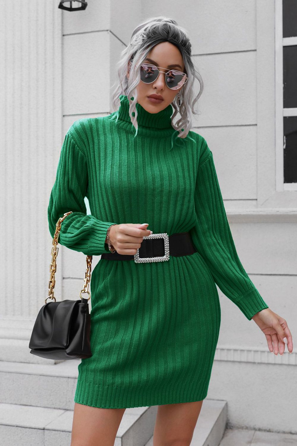 Ribbed Turtle Neck Long Sleeve Mini Sweater Dress | Solid Acrylic Sweater Dress