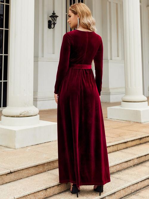 Tie Front Round Neck Long Sleeve Maxi Dress | Evening Solid Polyester Dress