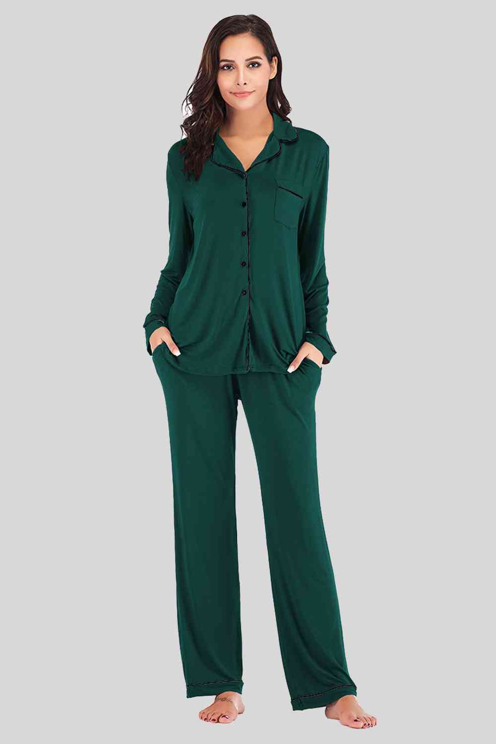 Collared Neck Long Sleeve Loungewear Set with Pockets | Stretchy Nylon Set