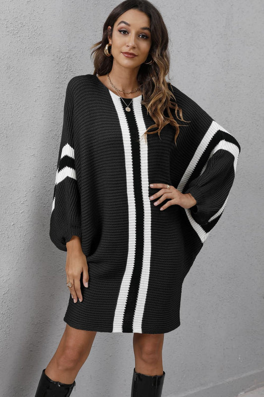 Ribbed Round Neck Long Sleeve Sweater Dress | Casual Color Block Acrylic Dress