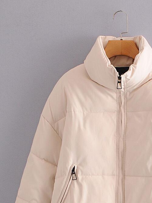 Zip Up Drawstring Winter Coat with Pockets | Polyester Coat With High Neckline