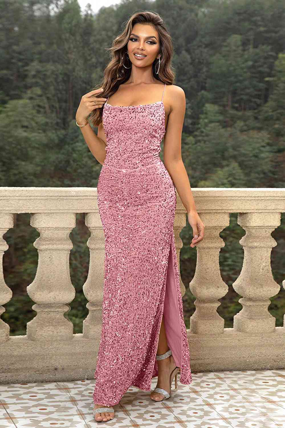 Sequin Backless Split Maxi Dress | Formal Strapped Dress With Lace up Back