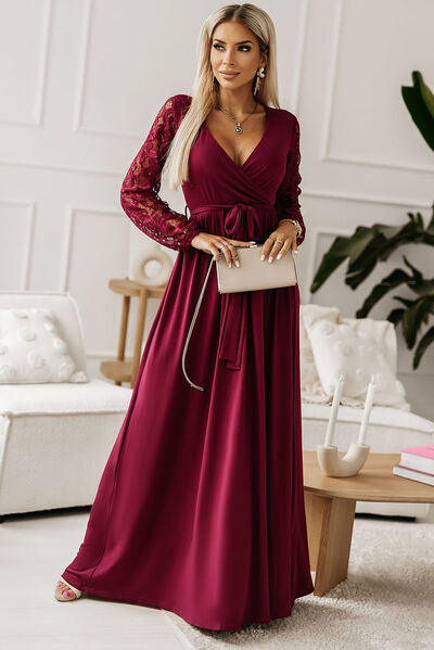 Lace Detail Surplice Tie-Waist Maxi Dress | Formal A-Line Dress With Long Sleeve