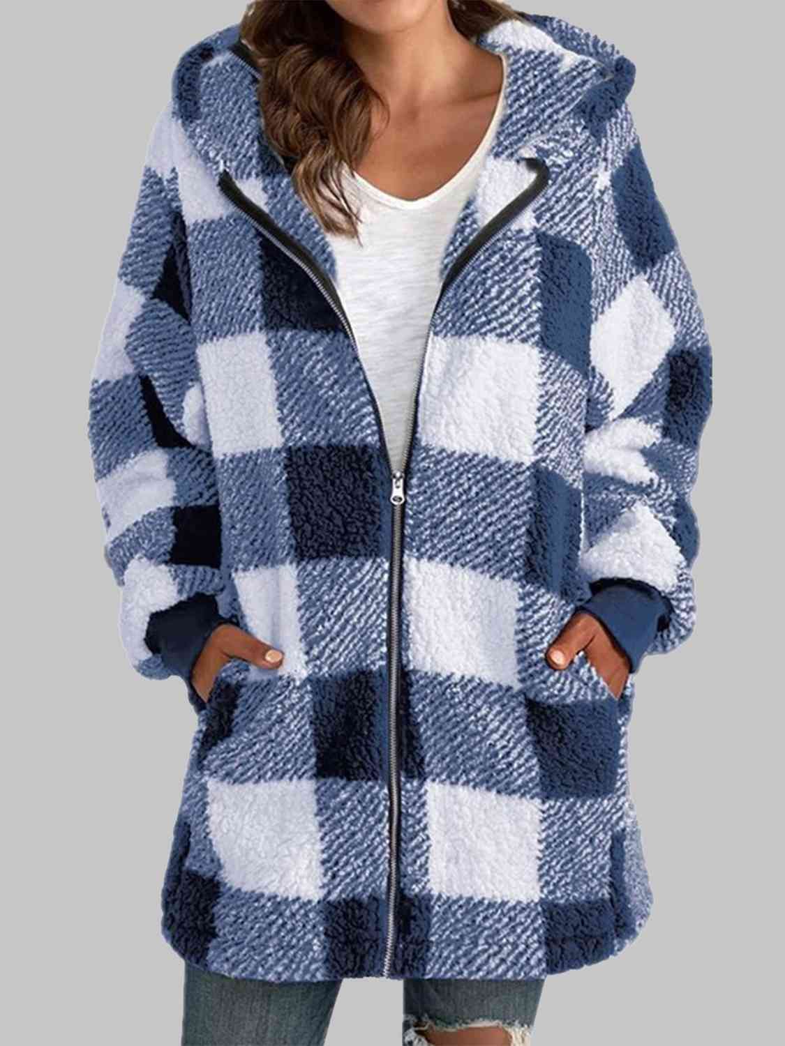 Plaid Zip-Up Hooded Jacket with Pockets | Warm Cozy Fuzzy Sherpa Jacket Shirt