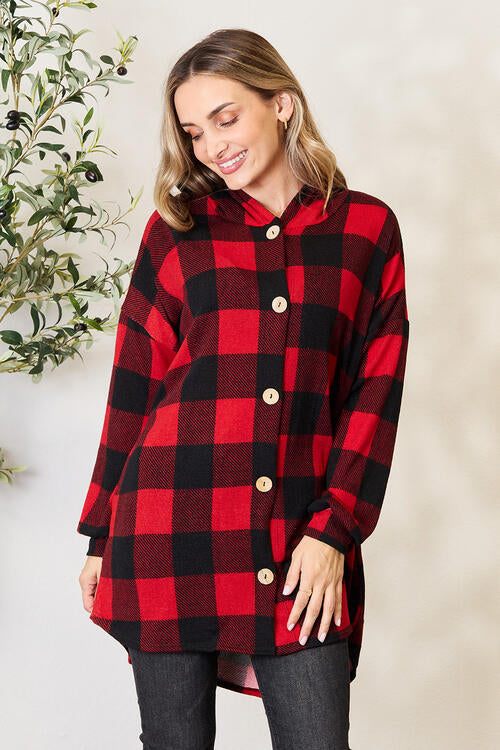 Heimish Full Size Plaid Button Front Hooded Shirt | Casual Stretchy Shirt