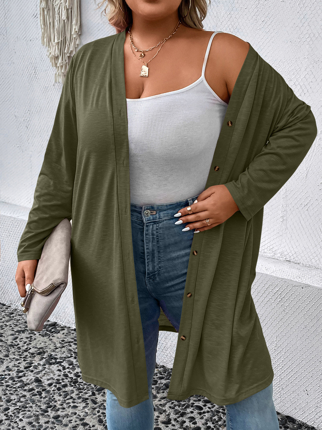 Plus Size Button Down Longline CardiganPlus Size Button Down Longline Cardigan | Polyester Cardigan With Long Sleeves