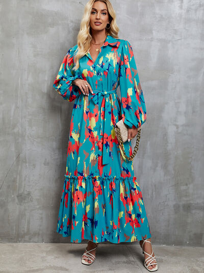 Frill Tied Printed Balloon Sleeve Dress