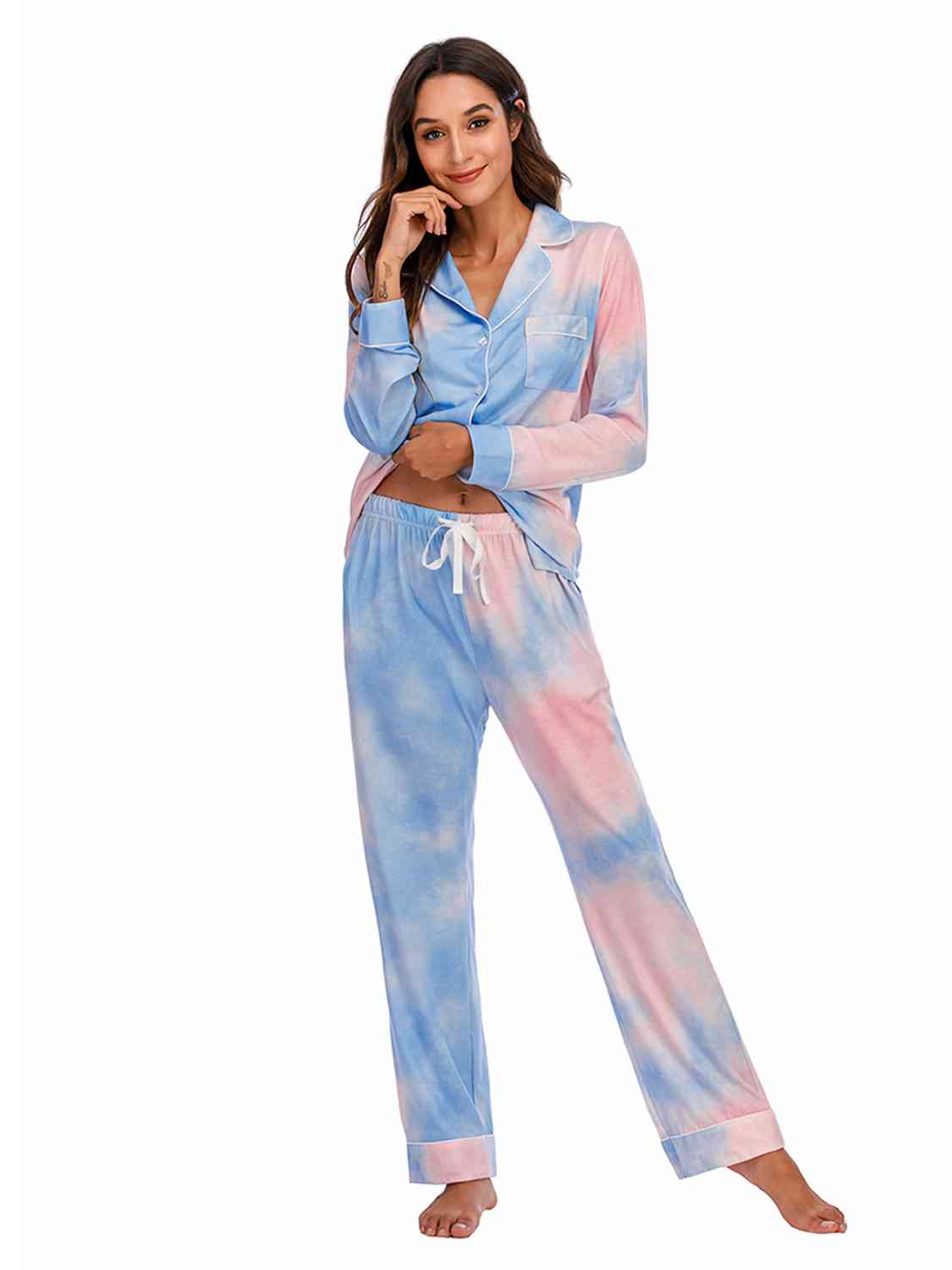 Collared Neck Long Sleeve Loungewear Set with Pockets | Stretchy Nylon Set