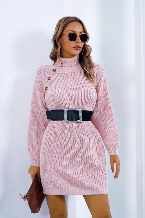 Buttoned Turtleneck Long Sleeve Sweater Dress | Solid Mini Acrylic Dress