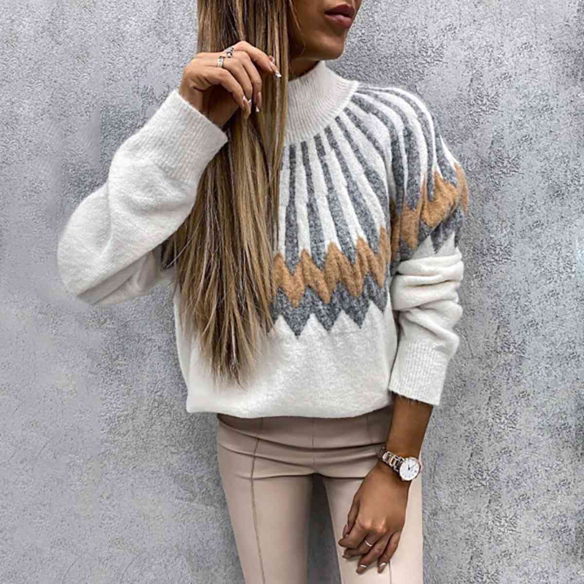 Mock Neck Long Sleeve Sweater | Patterned Sweater With Ribbed Cuffs And Neckline