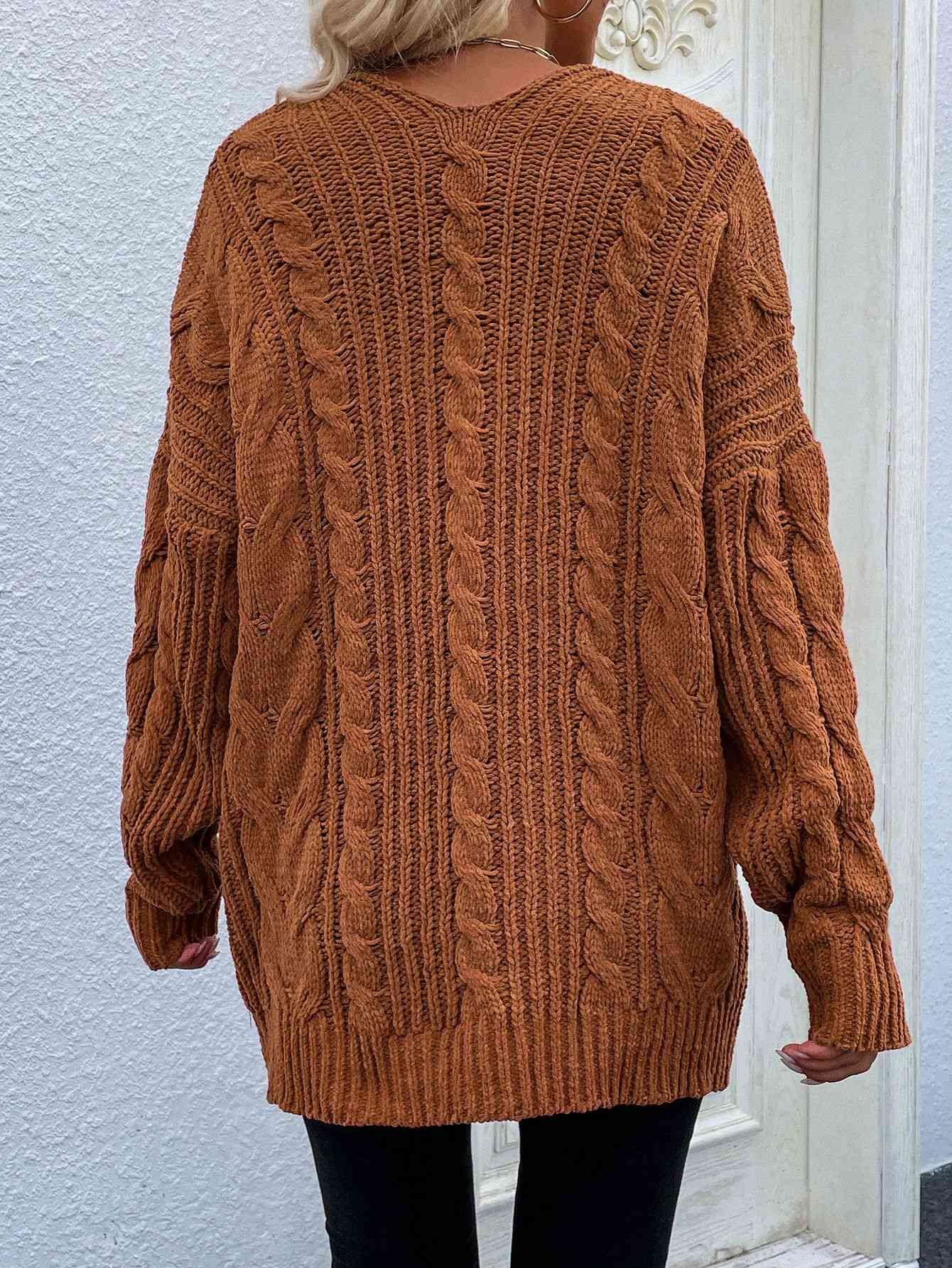 Woven Right Cable-Knit Open Front Cardigan with Front | Pockets Acrylic Cardigan