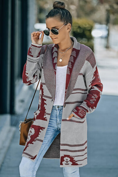 Geometric Open Front Pocketed Cardigan | Acrylic Cardigan With Single Button