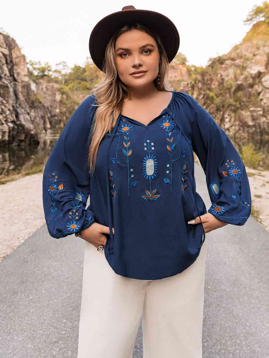 Plus Size Tie Neck Balloon Sleeve Top | Viscose Top With Embroidery