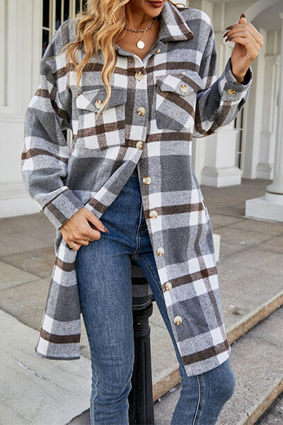 Plaid Button Up Collared Neck Coat with Pockets | Long Sleeves Polyester Coat