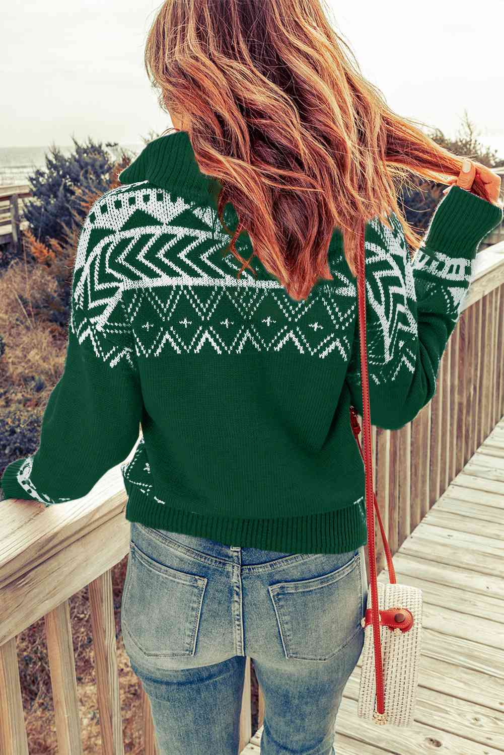 Zip-Up Mock Neck Dropped Shoulder Pullover Sweater | Casual Printed Sweater