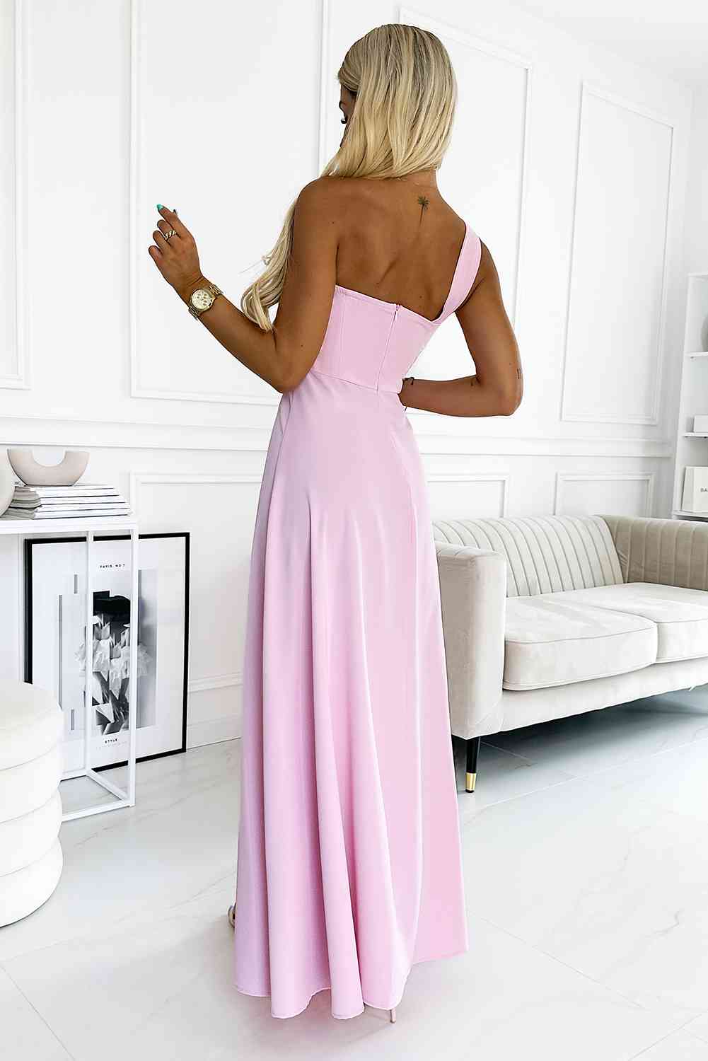 One-Shoulder Sleeveless Maxi Dress | Formal Solid Asymmetrical Polyester Gown