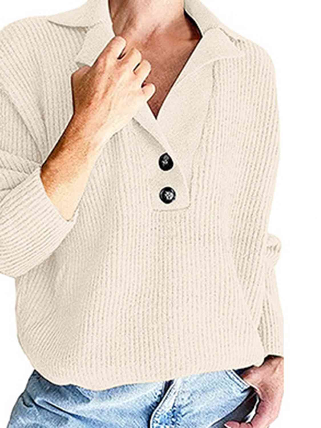 Collared Neck Half Button Knit Top | Ribbed Acrylic Sweater With Long Sleeves