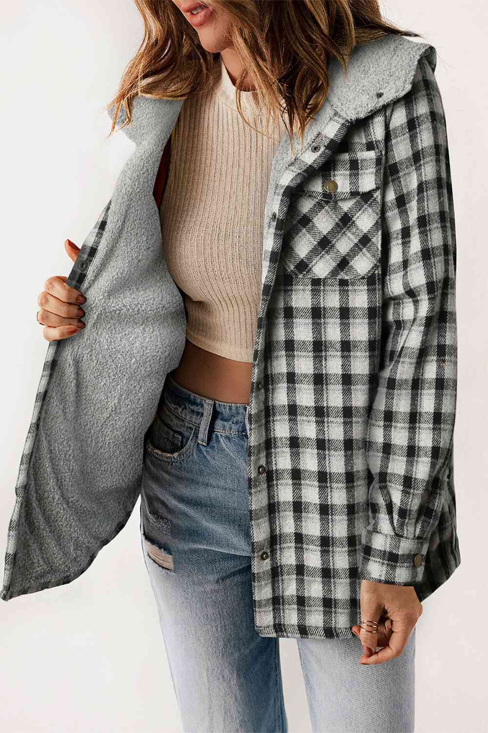 Plaid Snap Down Hooded Jacket | Casual Pocketed Jacket With Long Sleeves