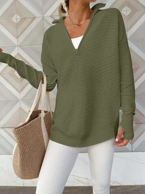 Half Zip Long Sleeve Knit Top | Casual Woman's Solid Stretchy Drop Shoulder Top