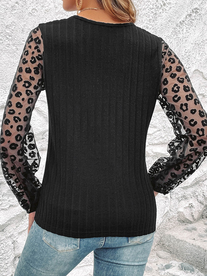 Leopard Long Sleeve V-Neck Top | Stretchy Polyester Top With Sheer Long Sleeves