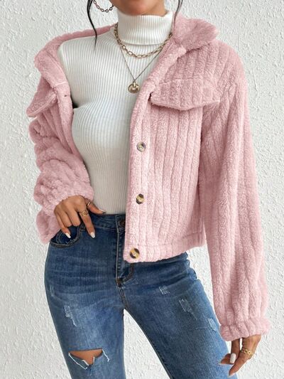 Fuzzy Button Up Collared Neck Jacket | Solid Polyester Jacket With Pockets