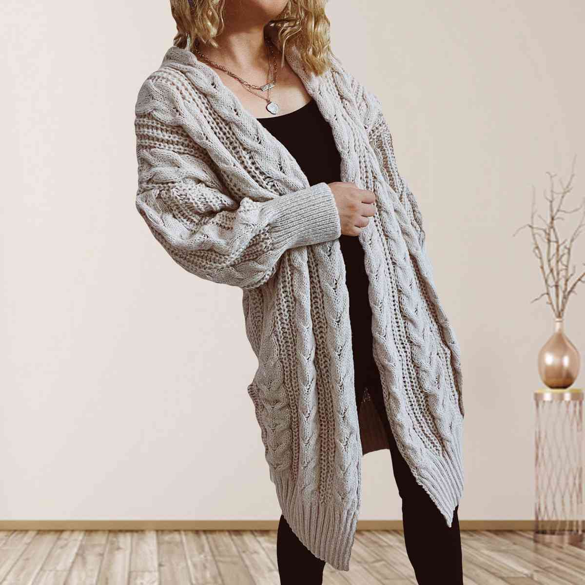 Cable-Knit Open Front Dropped Shoulder Cardigan | Warm Cardigan With Ribbed Hem