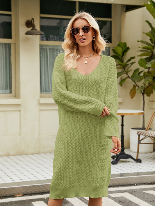 V-Neck Long Sleeve Sweater Dress | Casual Solid Sheath Tunic Sweater Dress