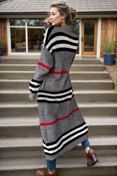 Striped Open Front Long Sleeve Longline Sweater Cardigan | Casual Cardigan